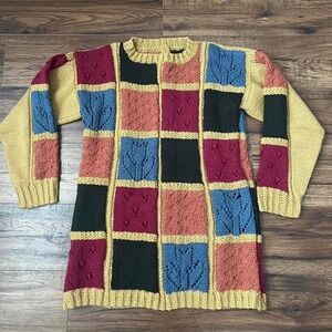 Unique Vintage Hand knit Colourful Patchwork Wool Blend Sweater Women Small Boho